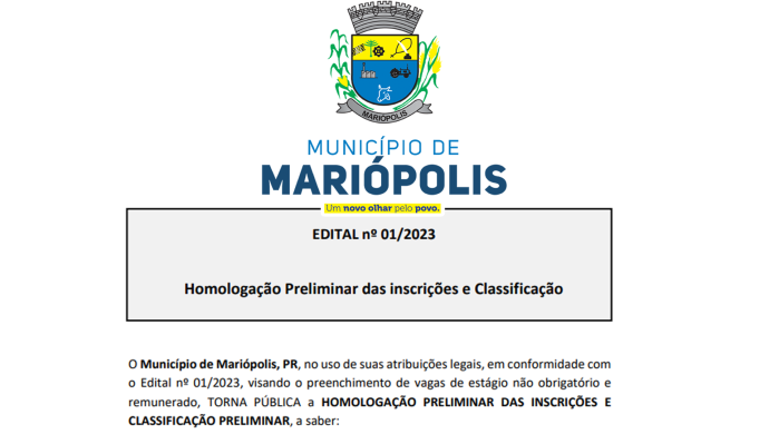 PSS 01 2023 Mariópolis – Homologação Preliminar e Classificação Preliminar