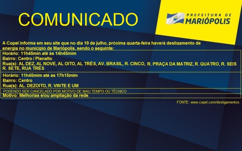 AVISO DE DESLIGAMENTO PROGRAMADO DA COPEL
