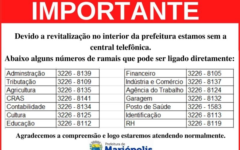AVISO IMPORTANTE SOBRE A CENTRAL TELEFÔNICA DA PREFEITURA MUNICIPAL.