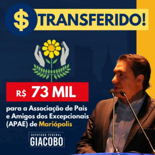 Fernando Giacobo destina verba para a APAE de Mariópolis.